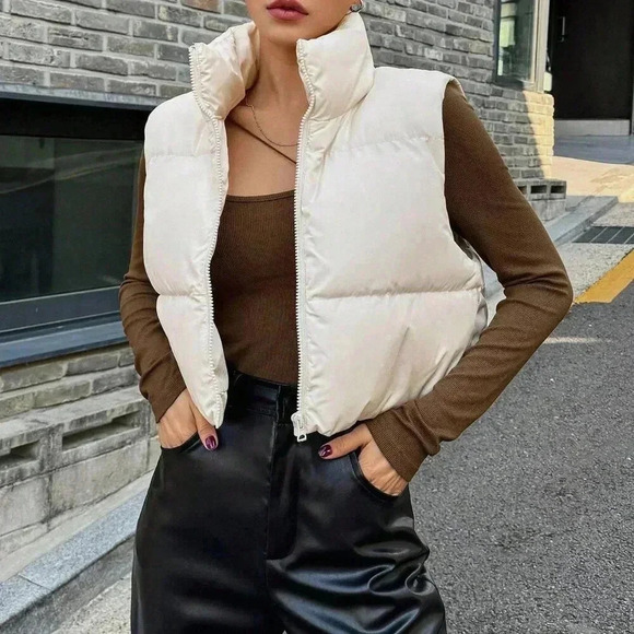 Jackets & Blazers - Beige Casual Women's White Sleeveless Padded Coat